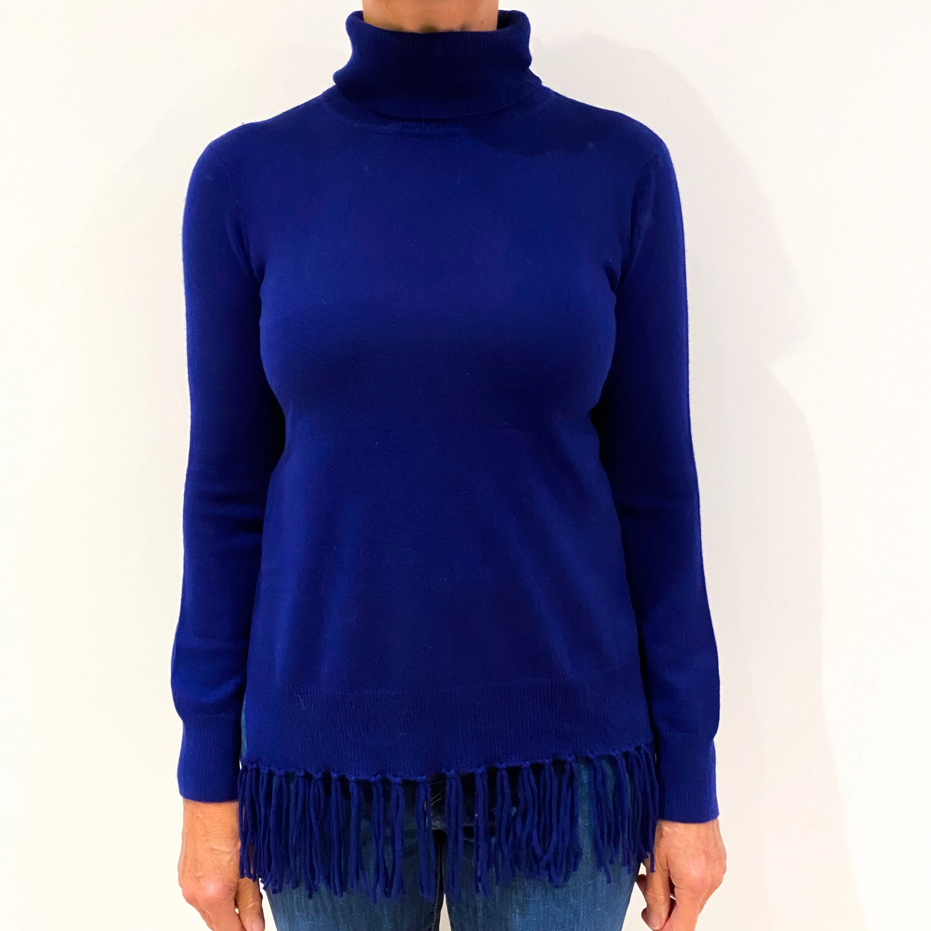 French Navy Tassel Hem Cashmere Polo Neck Jumper Medium