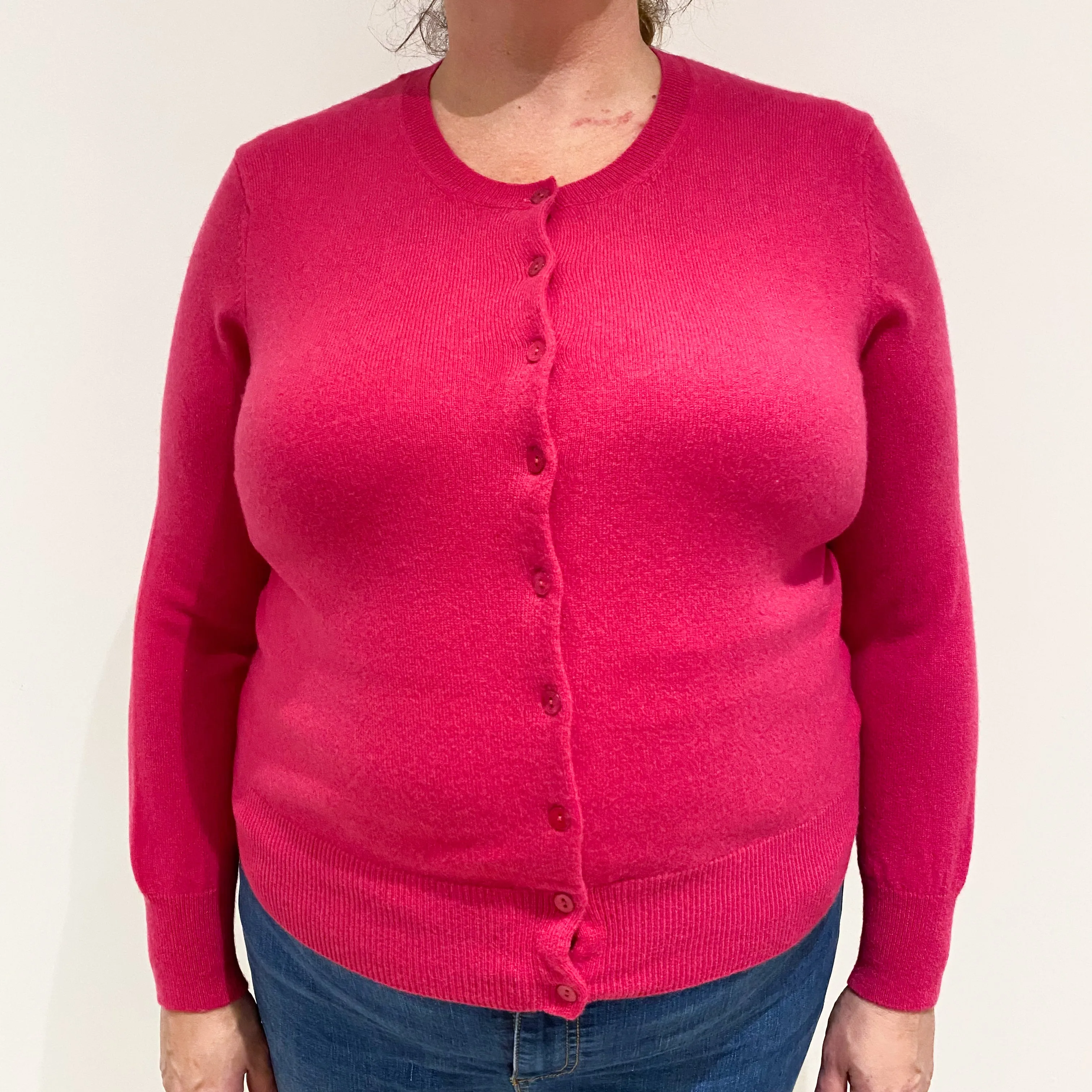 Fuchsia Pink Cashmere Crew Neck Cardigan Extra Large
