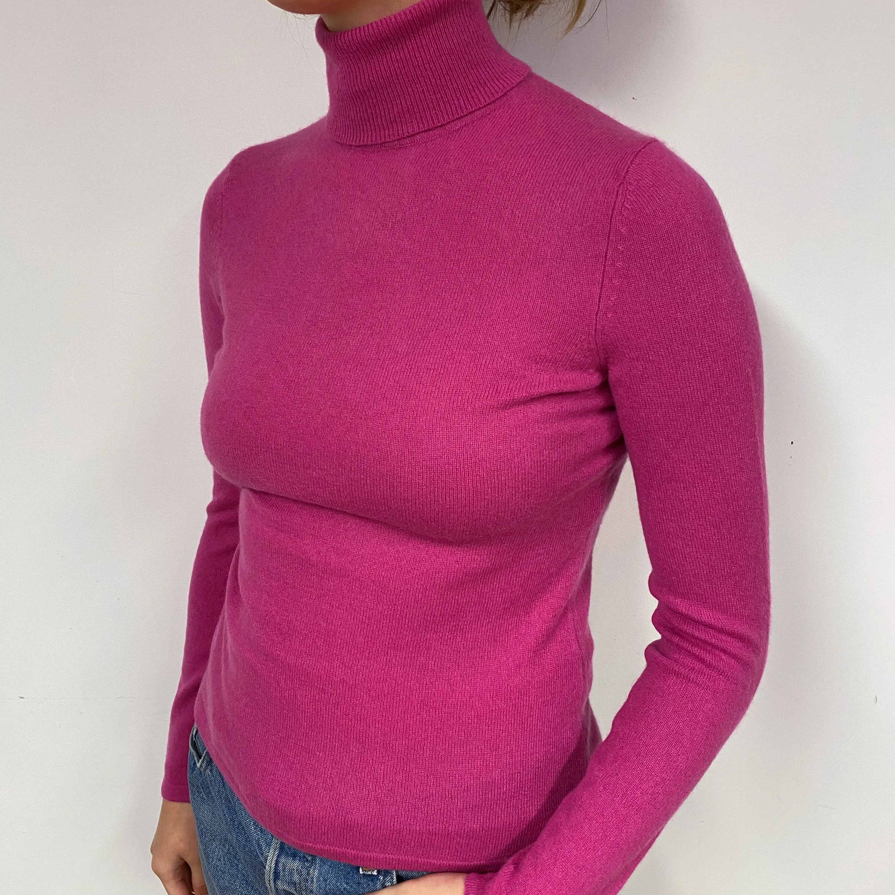 Fuchsia Pink Cashmere Polo Neck Jumper Small