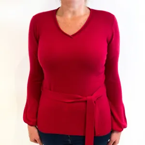 Fuchsia Pink Waist Tie Cashmere V-Neck Jumper Large