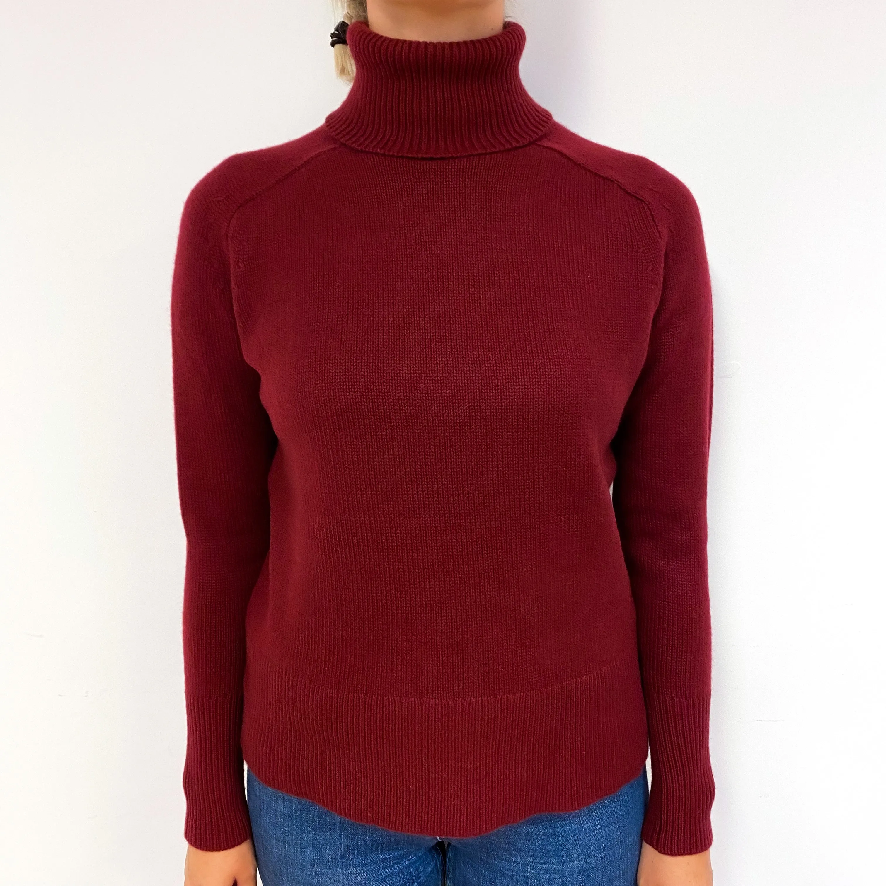Garnet Red Heavy Knit Cashmere Polo Neck Jumper Small