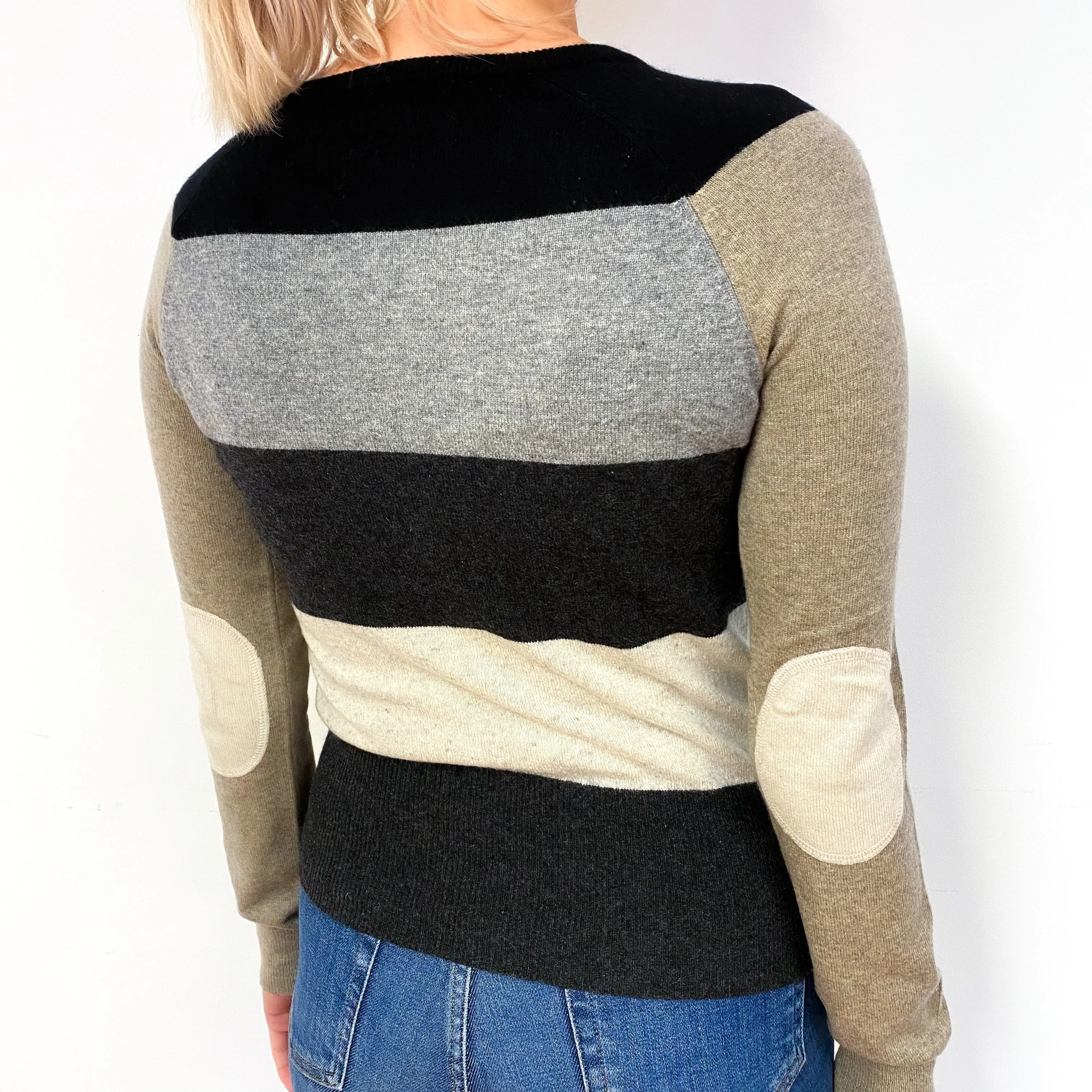 Grey and Brown Stripe Cashmere Crew Neck Cardigan Small