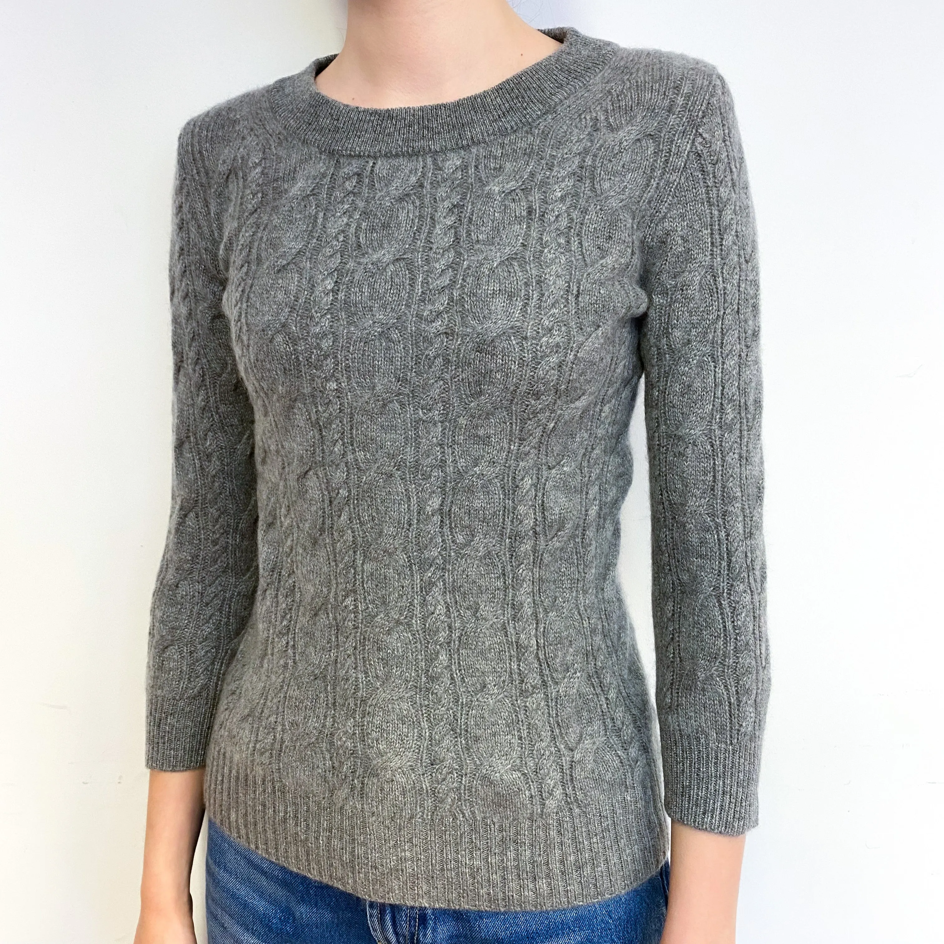 Grey Cable 3/4 Sleeve Cashmere Crew Neck Jumper Extra Small