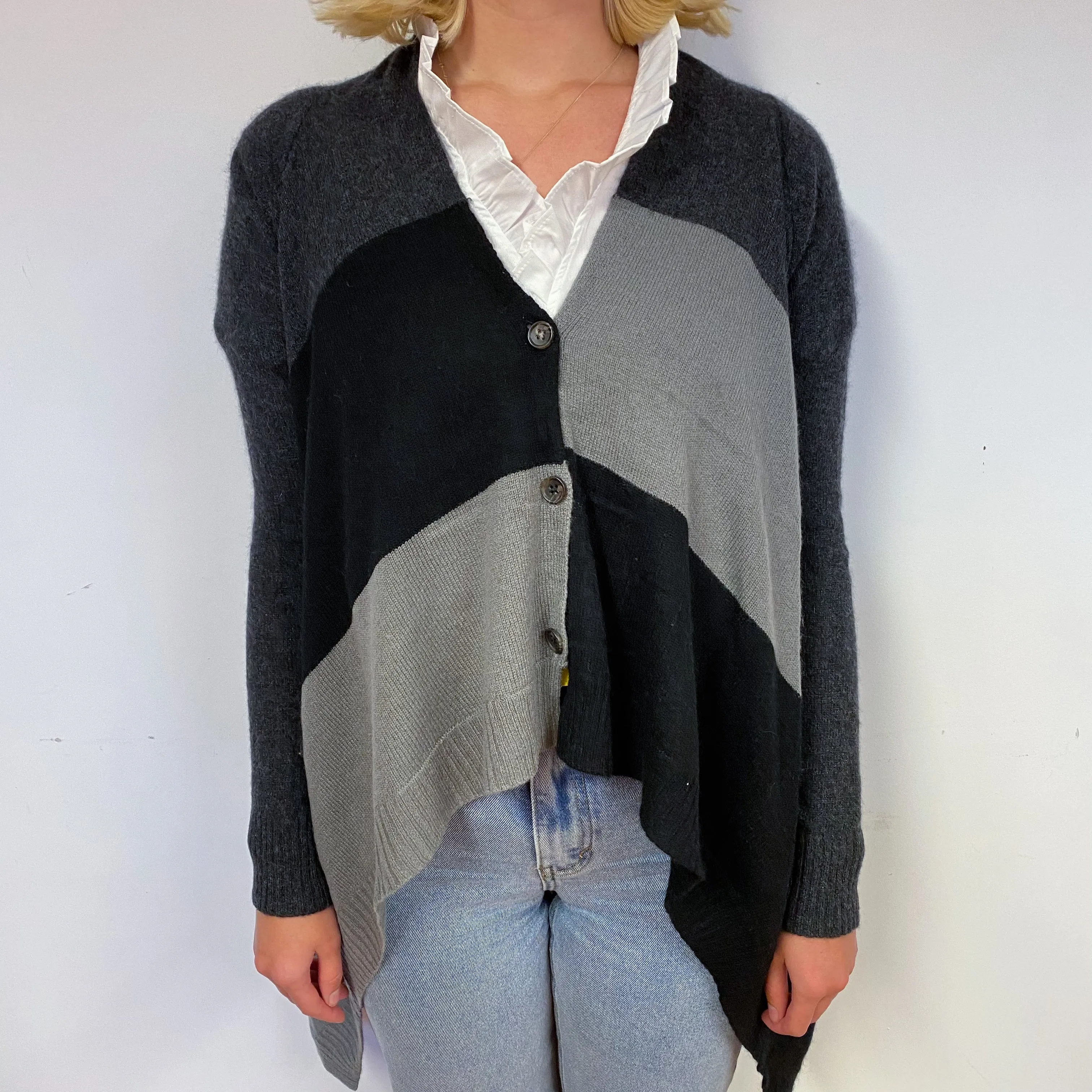Grey Colour Block Cashmere V-Neck Cardigan Small