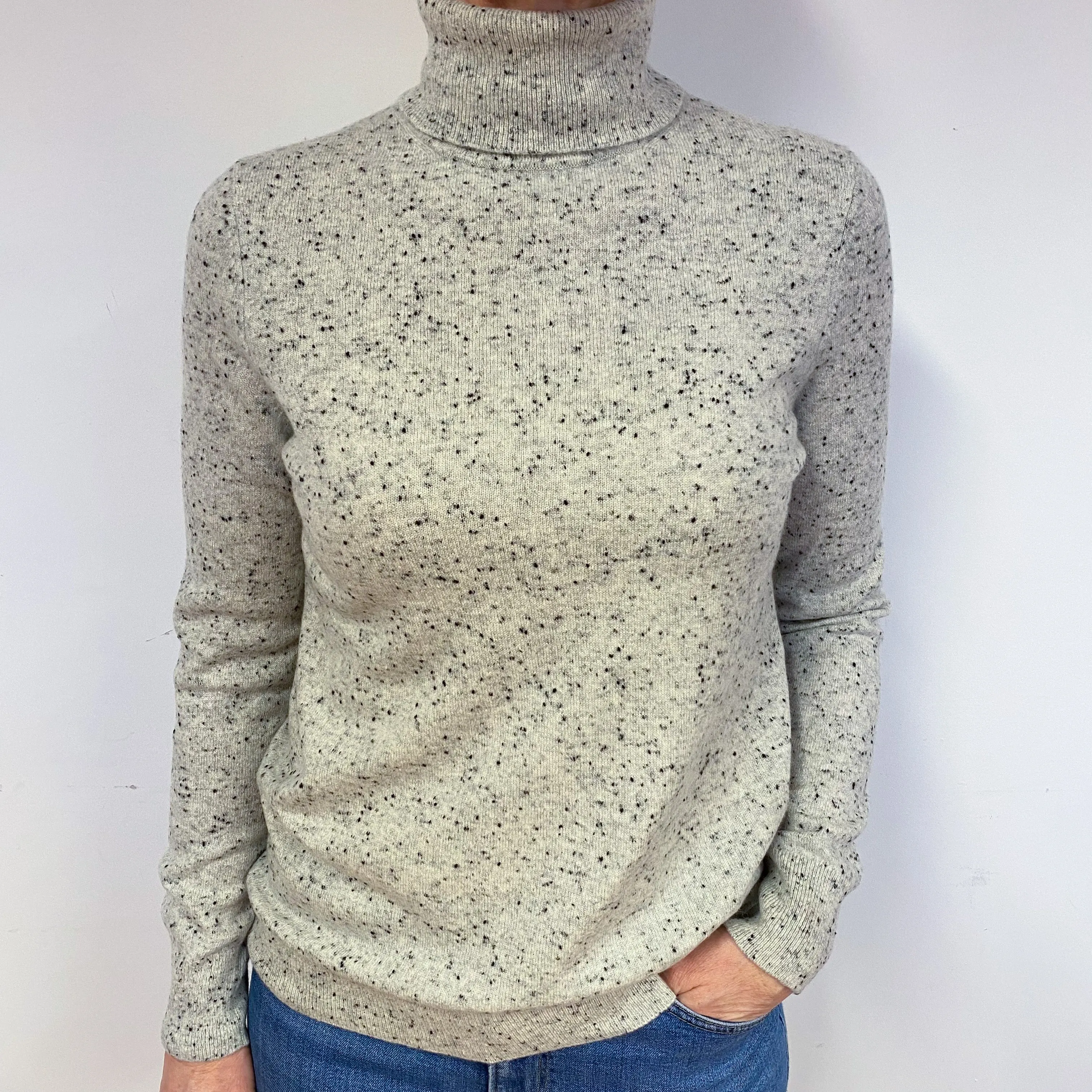 Grey Flecked Cashmere Polo Neck Jumper Medium
