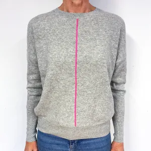 Grey Neon Pink Stripe Cashmere Crew Neck Jumper Medium