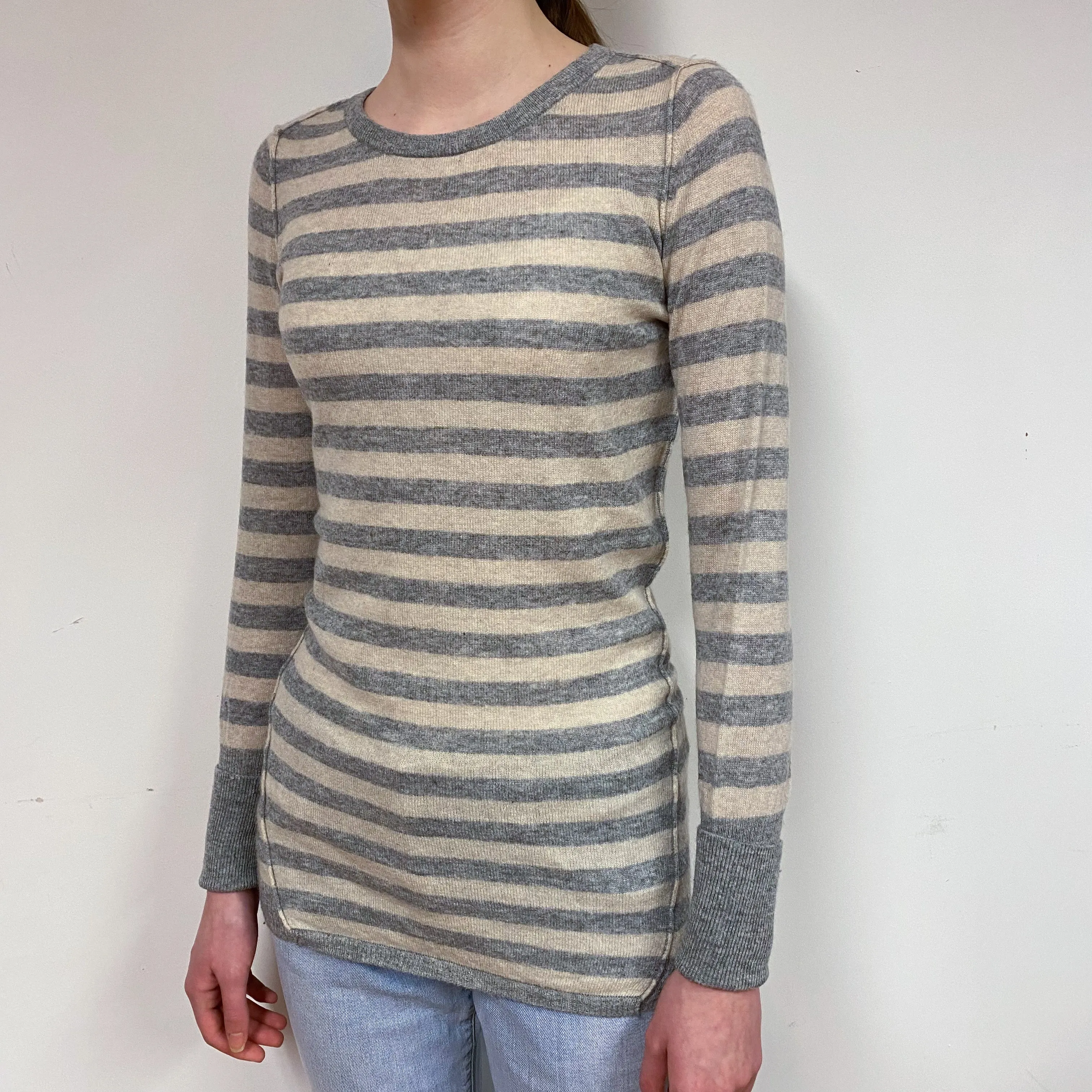 Grey Oatmeal Stripe Cashmere Crew Neck Jumper Extra Small