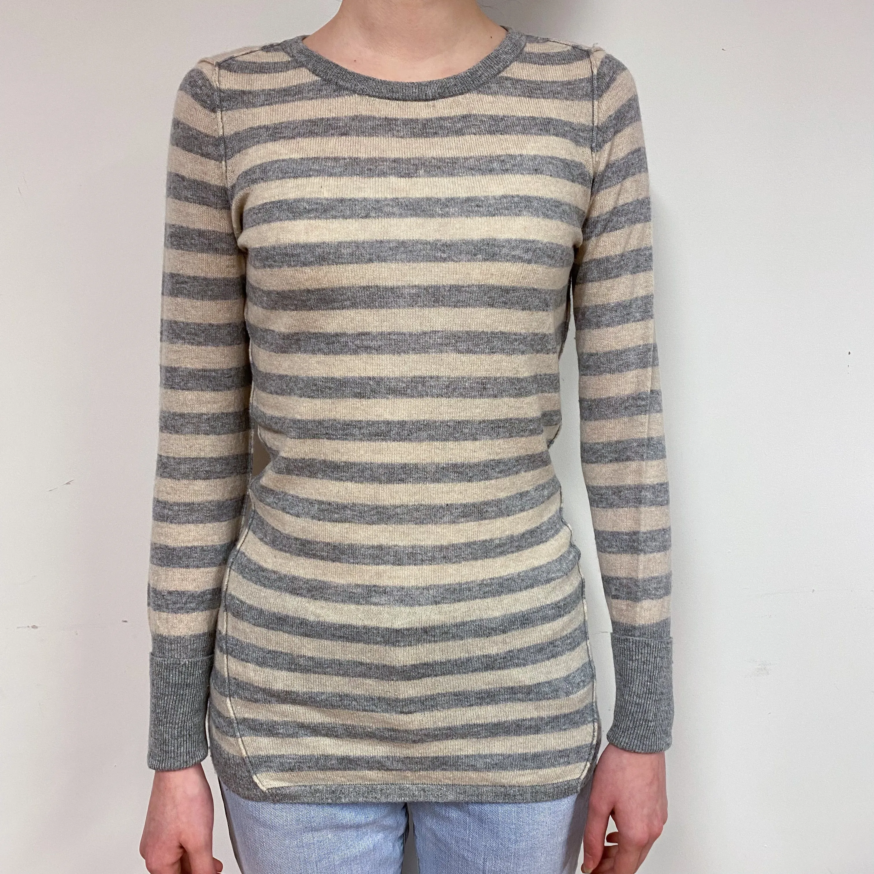 Grey Oatmeal Stripe Cashmere Crew Neck Jumper Extra Small