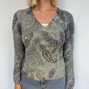 Grey Paisley Cashmere V-Neck Jumper Small