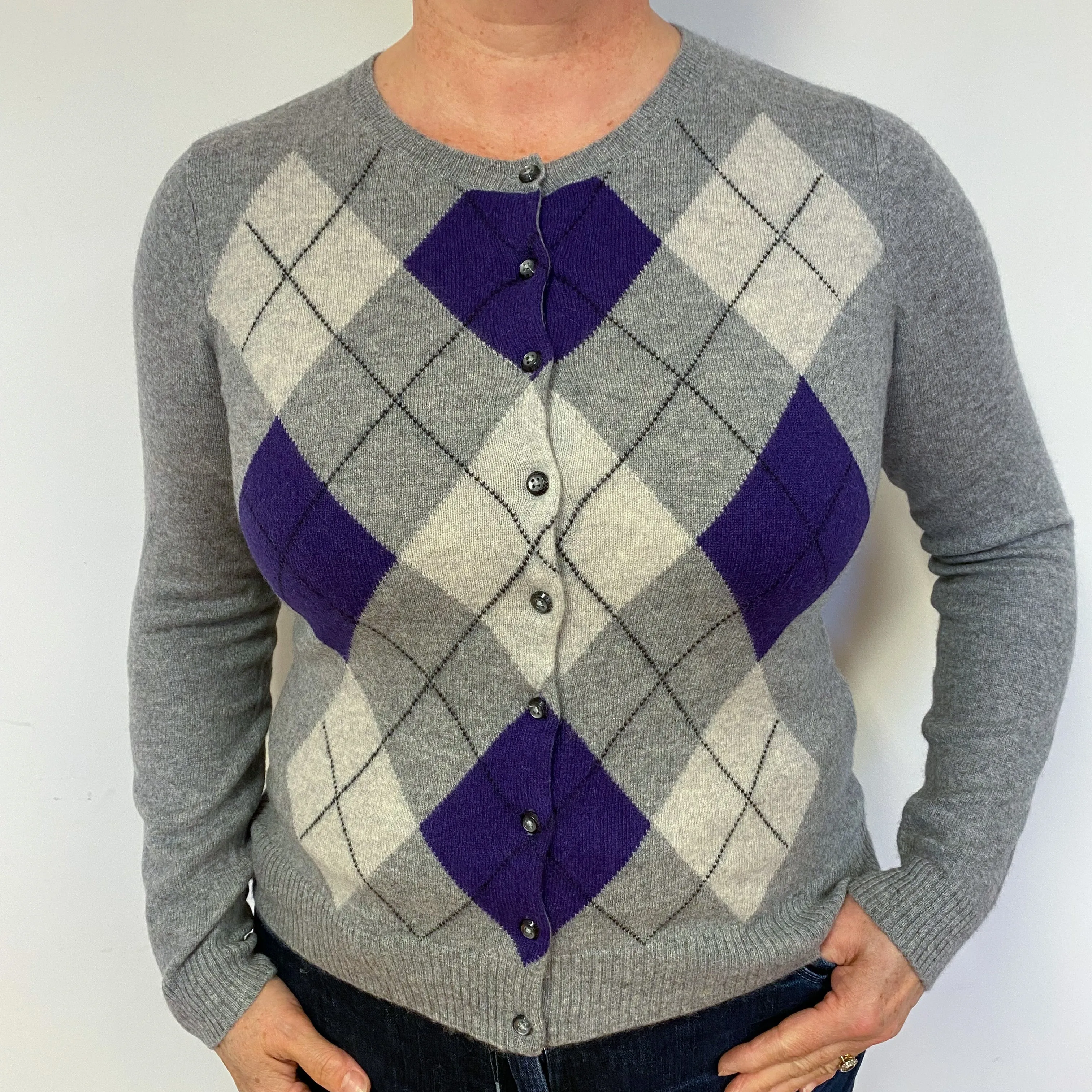 Grey Purple Argyle Cashmere Crew Neck Cardigan Large