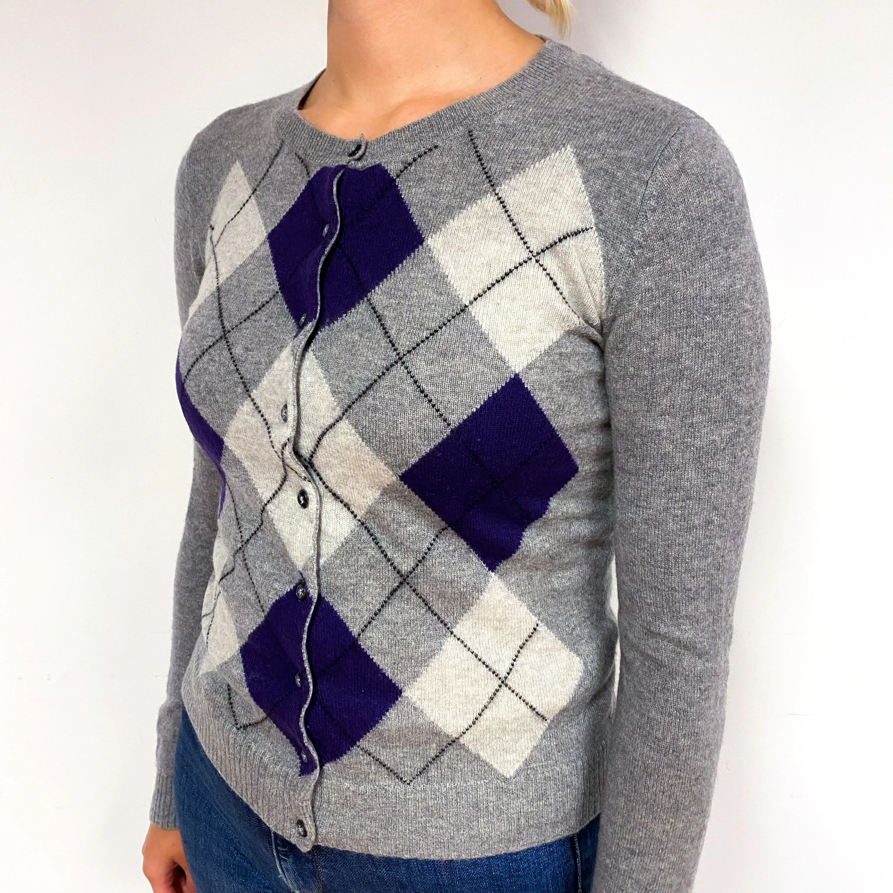 Grey Purple Diamond Cashmere Crew Neck Cardigan Small
