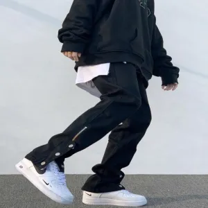 High street black breasted casual pants tooling function design sense hiphop zipper slit retro trousers men