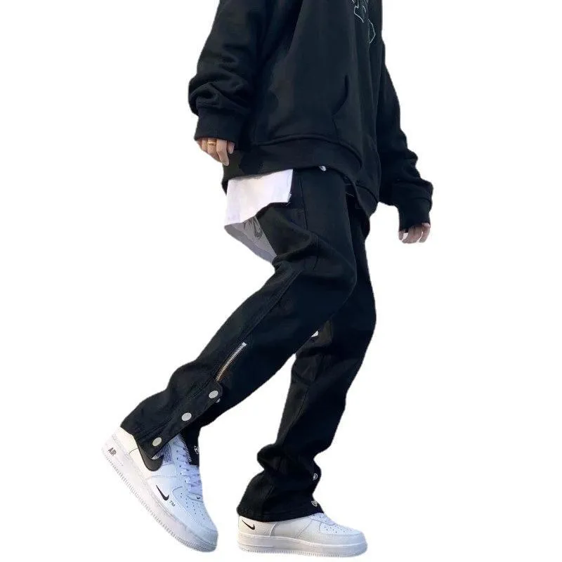 High street black breasted casual pants tooling function design sense hiphop zipper slit retro trousers men