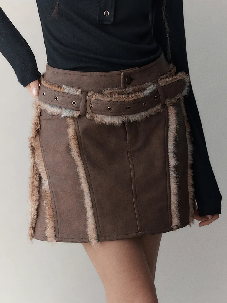 Leather＆Fur Short Nichi Trapezoid Mini-Skirt