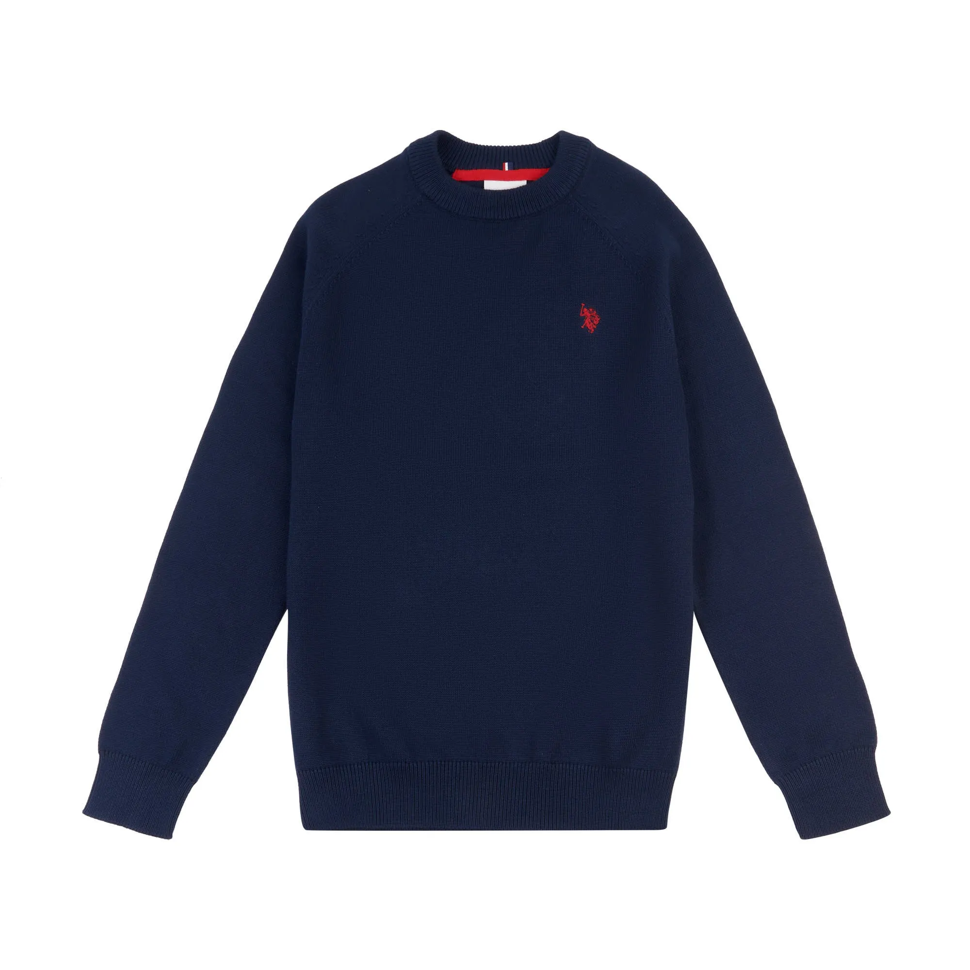 Mens Crew Neck Knitted Jumper in Navy Blazer / Haute Red