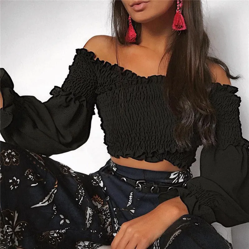 Off-shoulder Long Sleeve Crop Top