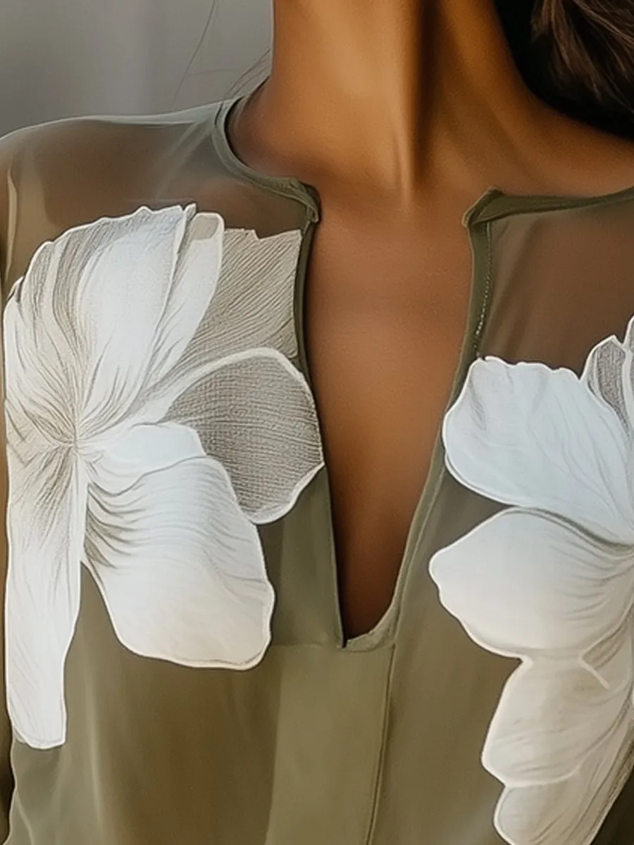 Olive Green Sheer Blouse with White Floral Printed