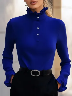 Royal Blue Ruffled High-Neck Blouse with Pearl Buttons
