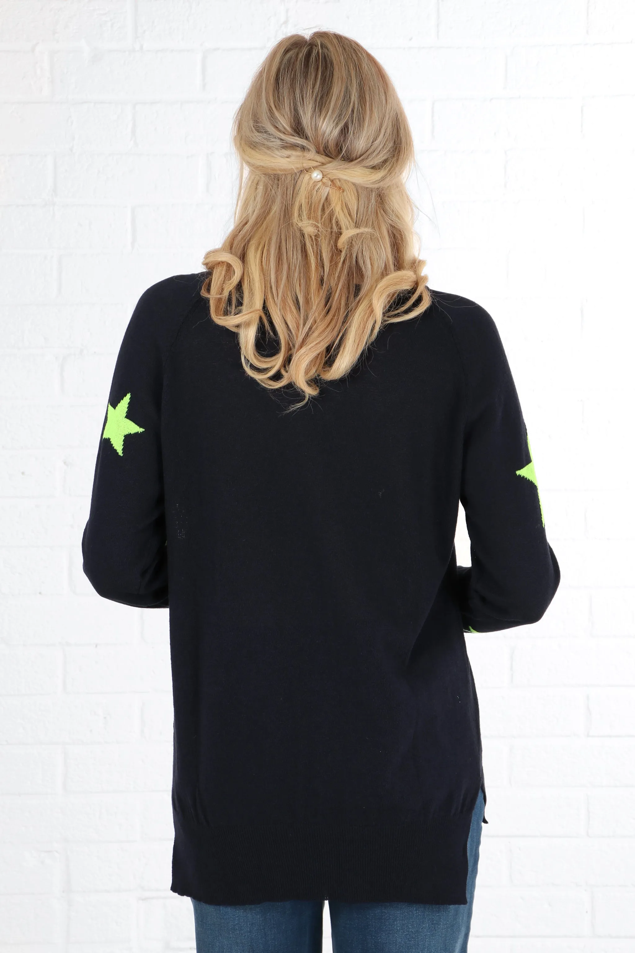 Scattered Star Print Lightweight Cotton Jumper in  Navy Blue and Lime
